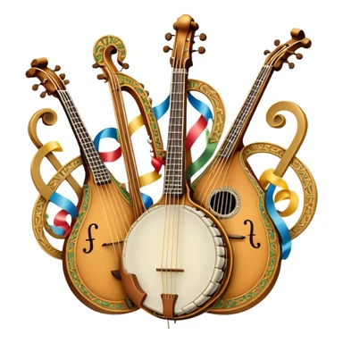 Create an intricate, festive, and emblematic emoji symbolizing plucked string instruments. The design should resemble a regal crest, featuring instruments like a banjo, mandolin, domra, sitar, and other plucked strings, arranged symmetrically in an ornate composition. Their necks and strings should elegantly intertwine with a flowing ribbon of musical notes, wrapping gracefully around the instruments. The overall shape should be grand and balanced, evoking a sense of tradition and celebration. Use a rich and refined color palette with gold, deep mahogany, and vibrant accents, adding intricate wood textures, decorative inlays, and metallic tuning pegs for a professional, polished look. The background should be transparent, making the emblem stand out as an independent artistic mark sticker