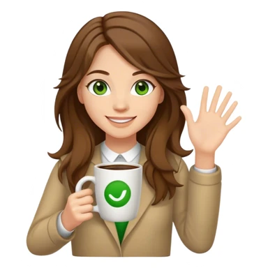 Full body, Long, Brown haired girl with middle hair part, with green eyes, smiling, waving with one hand, coffee mug in the other sticker