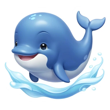 Cinematic happy baby whale, chubby rounded body, tiny smiling face, soft pastel blue hues, gentle glowing waves around, joyful and soothing. sticker