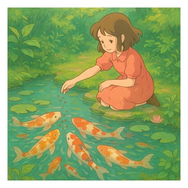 girl feeding koi fish in a pond sticker