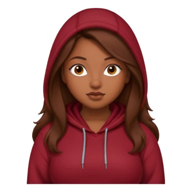 Curvy pretty brown girl with long brown hair, wearing a dark deep red hoodie sticker