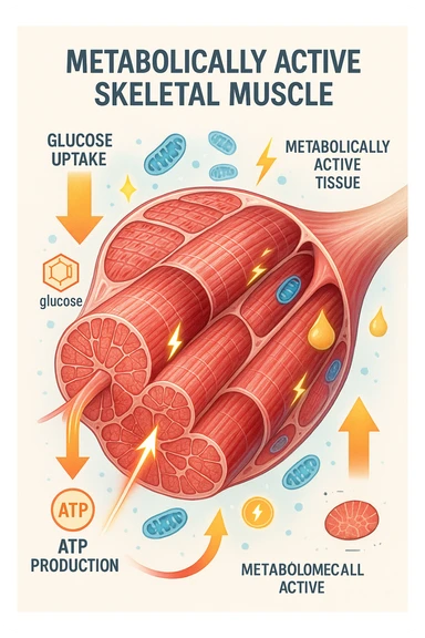 a highly detailed cross-section of human skeletal muscle fibers, shown in vibrant red and pink tones, with visible striations and realistic texture. Glowing arrows and animated icons represent active metabolic processes—such as glucose uptake, fat oxidation, and ATP production—occurring within the muscle tissue. Surrounding the muscle, floating symbols for mitochondria and energy highlight its metabolic activity. The background is clean and clinical, with subtle labels and infographics explaining that muscle is a metabolically active tissue. The overall style is modern, scientific, and visually engaging, suitable for educational or medical use. in italiano sticker