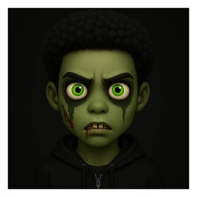 Change the hair to a Black hairstyle with tight curls or afro and add a black hoodie. Keep the boy zombie's green skin, emo vibe, and creepy expression. sticker