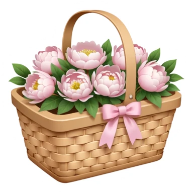 White Picnic basket with light pink bow and white peonies inside sticker
