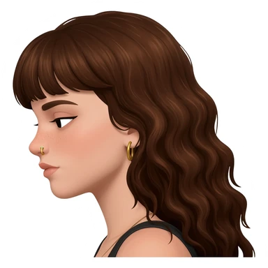 From a side profile view. Make her head lean even more forward and make it a girl with long brown curly hair and bangs and a septum nose ring gold hoop and make her head lean forward more sticker