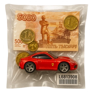 Combine a 5000 Russian ruble banknote, several Russian coins, and a red Ferrari Hot Wheels toy car together in one clear vacuum-sealed package. The car should be bright red and clearly resemble a Ferrari. All items should look glossy, puffy, and tightly packed together, no background. sticker