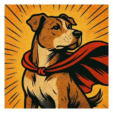 a heroic dog in a cape, old school comic book style sticker