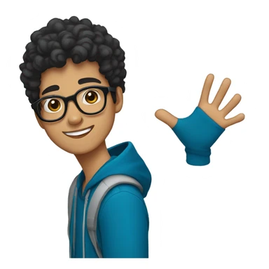 Cheerful Pakistani teenager with black curly hair and black glasses. He's wearing a blue hoodie. sticker