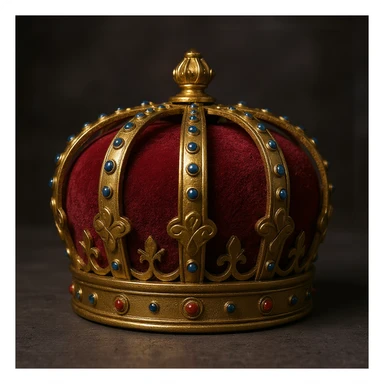 Create a realistic, detailed crown based on the crown in the reference image. Make it look three-dimensional and regal, with gold, red, and blue accents in a photorealistic style. No background. sticker