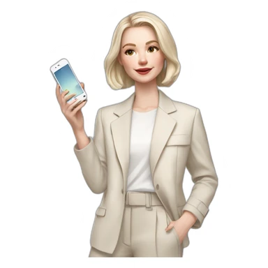 pale skin woman with ash blonde Straightened bob Hair, White Spacious classical jacket, beige palazzo Arrow pants and gray blouse holding white IPhone 15 pro in the hands sticker
