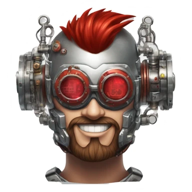 cyborg head with red Mohawk, red beard. silver steampunk monocle goggles a smile and circuits sticker