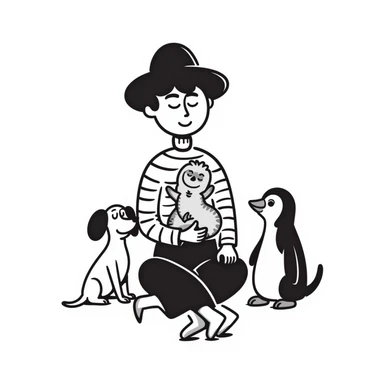 hand-drawn doodle of a sleepy, creative musician with dachshund, penguin, and sloth, wearing stylish clothes sticker