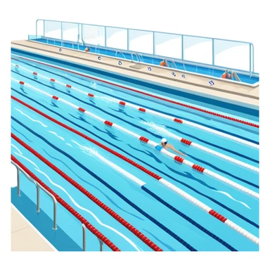 An icon featuring an Olympic swimming pool with multiple lanes and swimmers racing side by side. Splashes and lane dividers highlight the competition atmosphere. Transparent background emphasizes the energy, speed, and intensity of professional swimming events. sticker