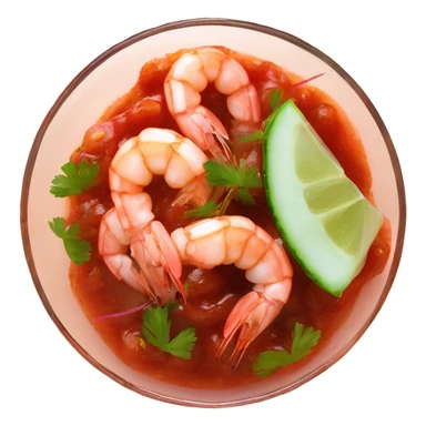 Shrimps in clear glass with red sauce and chopped cilantro and onions cucumber  sticker