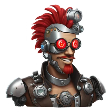 cyborg head with red Mohawk, red beard. silver steampunk monocle goggles a smile and circuits sticker