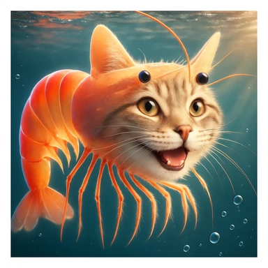 Change the expression of the cat-shrimp creature to happy, keeping all other details and colors the same, in a style consistent with the original image. sticker