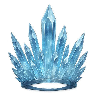 a crystal crown with sharp, transparent blue crystals, shimmering with silver flecks and a soft ethereal light sticker
