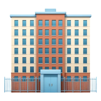 light blue rectangular 9-story apartment building surrounded by fence, closed courtyard, minimal flat vector icon, friendly clean design sticker