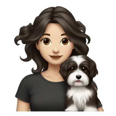 young female artist tan with long dark brown hair painting black+white havanese sticker
