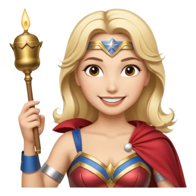 Blonde Wonder Woman holding short white orchestra conductor’s baton and bell sticker
