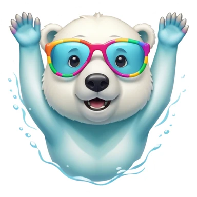 friendly anthropomorphised polar bear swimming in a crawl pose, wearing oversized colorful star glasses, excited expression, no festive outfit sticker