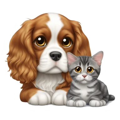 Cavalier King Charles Spaniel puppy sits next to a British gray tabby cat sticker