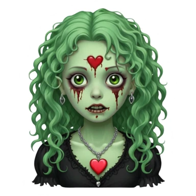 a green zombie girl with a scar on her face, long curly hair, wearing a black blouse and a silver necklace with a heart pendant. sticker