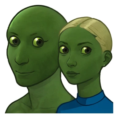 a beautiful woman with blond hair and brown eyes with her husband whos white with blue eyes, a blonde goatie and is bald  sticker