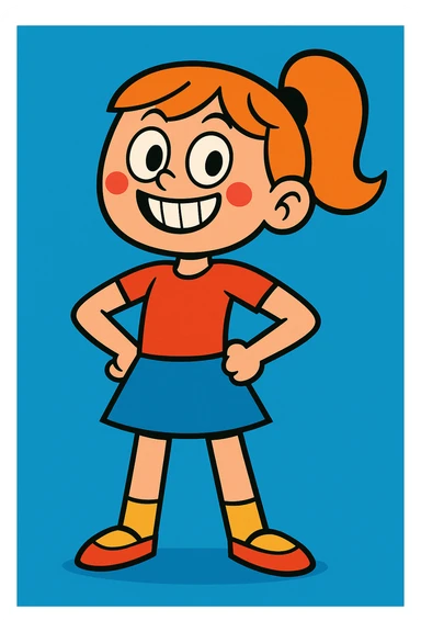 girl smiling, hands on hips, vibrant cartoon style sticker