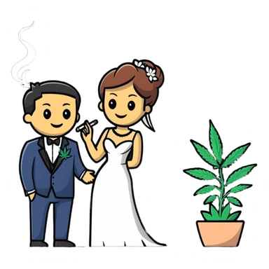 Person in fancy clothes sneaking into a wedding ceremony with a mischievous grin, uninvited guest, smoking cannabis sticker