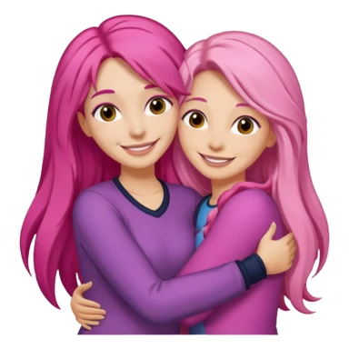 Surprisingly goofy once they open up. Strong, loyal, and incredibly supportive — but still hates wasting time. one woman long pink hair hugging another woman with dark hair sticker