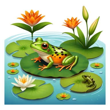 Icon for Amphibians: A colorful collage featuring a frog sitting on a lily pad, a salamander crawling on the ground and a newt swimming in water. The background features lily flowers and a calm pond setting. Transparent background. sticker