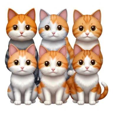 6 cats with different coloured coats, 2 are grey and white, 1 is grey with a little white, 1 calico, 1 brown tabby and white and one ginger and white sticker