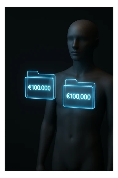 Two glowing transparent digital portfolios (futuristic floating folders) hovering in front of a mannequin. Each labeled with €100,000. Minimal dark background with left side empty for text overlay. sticker