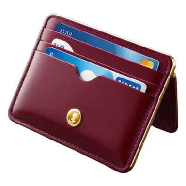 A professional studio photograph of a high-quality, slim leather card holder. The card holder is in [deep Burgundy color with a high-gloss patent enamel finish, reflecting light like a jewel .It features precise stitching and minimalist, elegant metal hardware sticker