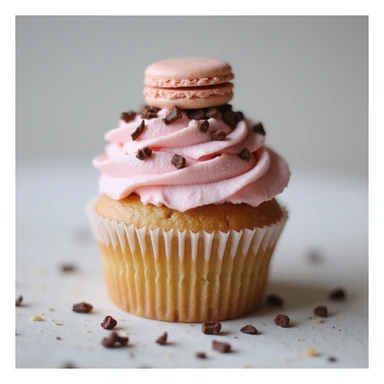 realistic cupcake with pink icing, photorealistic style, with a mini macaron and chocolate curls as accessories sticker