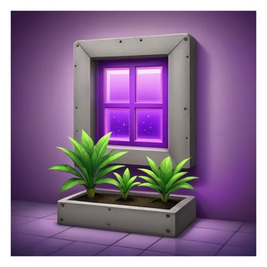 Rectangular concrete structure at night with one bright purple window from plant grow lights sticker