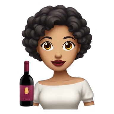 White latin girl with with pink big lips, curly black hair and wine sticker