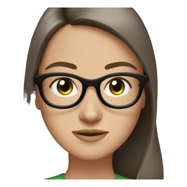 white girl, green hazel eyes, dark brown straight long hair, black round glasses, freckles sticker