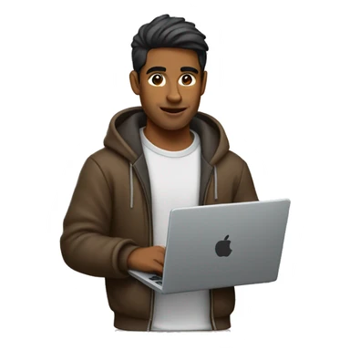 Brown guy wearing a hoodie with a wolfcut holding a laptop sticker