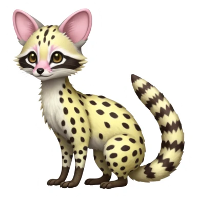 Pastel White and pastel yellow with pastel Pink-spotted genet-Trico-Vernid-Cacomistl-Fakémon-hybrid-fusion-creature (full body) sticker