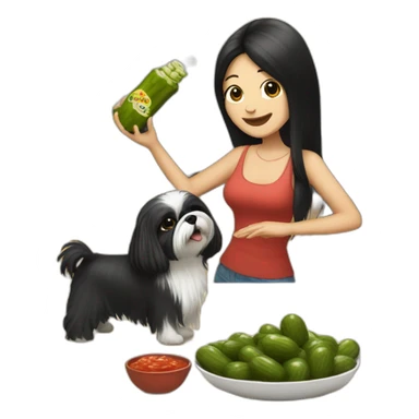 white woman with black long straight hair dancing salsa while eating pickles with a shih tzu dog sticker