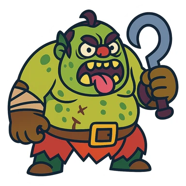 Cartoonish redesign of Pudge from Dota 2, exaggerated features, vibrant colors, playful style sticker
