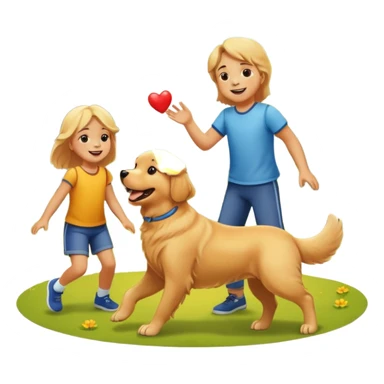 A Golden Retriever playing with children in a park, joyful interaction, warm sunlight, natural smiles, photorealistic family scene. sticker