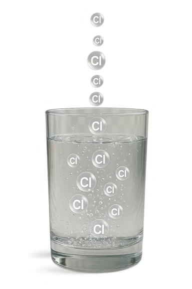 un bicchiere di acqua fluttua in aria realistico e dettagliato, dentro l'acqua del bicchiere ci sono particelle di cloro ben visibili con la scritta "Cl" sopra, ci sono particelle anche che escono dal bicchiere e fluttuan
o in aria verticalmente, mentre alcune sono all'interno dell'acqua nel bicchiere, iperrealistico 4k sticker