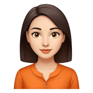 Young woman in her 30s with light skin, oval face, soft features, large dark brown eyes, medium eyebrows, small nose, friendly smile, long straight dark brown hair, wearing an orange elegant blouse sticker