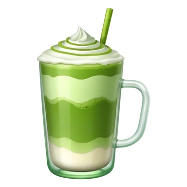 matcha latte in a clear glass with green layers and frothy top sticker