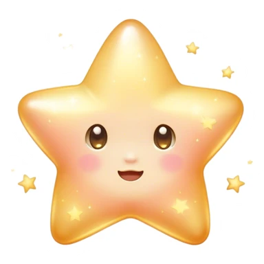 Cinematic cute sparkling star, chubby rounded edges, golden glow, tiny blushing cheeks, warm and gentle shine, twinkling softly in a pastel night sky. sticker
