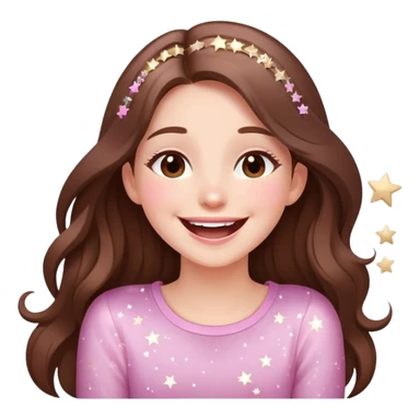 girl with long brown hair laughing with stars and sparkles, light beige and pink color scheme girl with long brown hair laughing with stars and sparkles, light beige and pink color scheme sticker