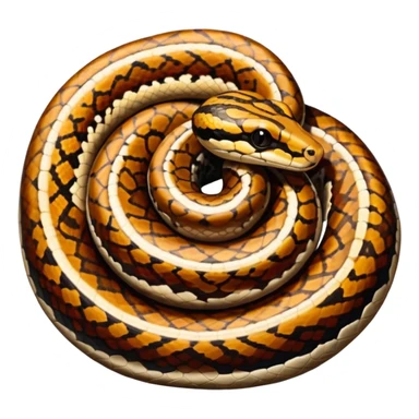 A photo-realistic top-down view of a Ball Python gently coiled into a tight spiral, with its head resting peacefully at the center. Its scales are warm brown with bold, irregular black markings, including the distinctive “alien-head” pattern, flowing smoothly along its body.  sticker